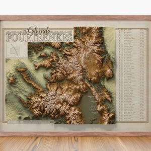 Colorado 14ers Map with Mountain Peak Checklist, Fourteeners of Colorado Topographic Map Poster,  Adventure Hiking Gift for Peak Bagging