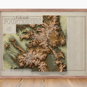 Carte des 14 ans du Colorado avec liste de contrôle des pics de montagne, affiche de carte topographique des Quatorze ans du Colorado, cadeau de randonnée aventure pour l'ensachage des pics