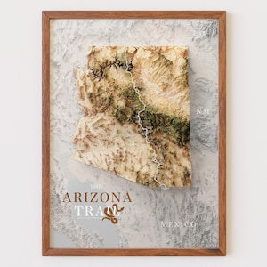 Arte do mapa topográfico da trilha do Arizona para caminhantes, presente da trilha cênica nacional do Arizona, mapa de caminhada AZT com relevo sombreado detalhado