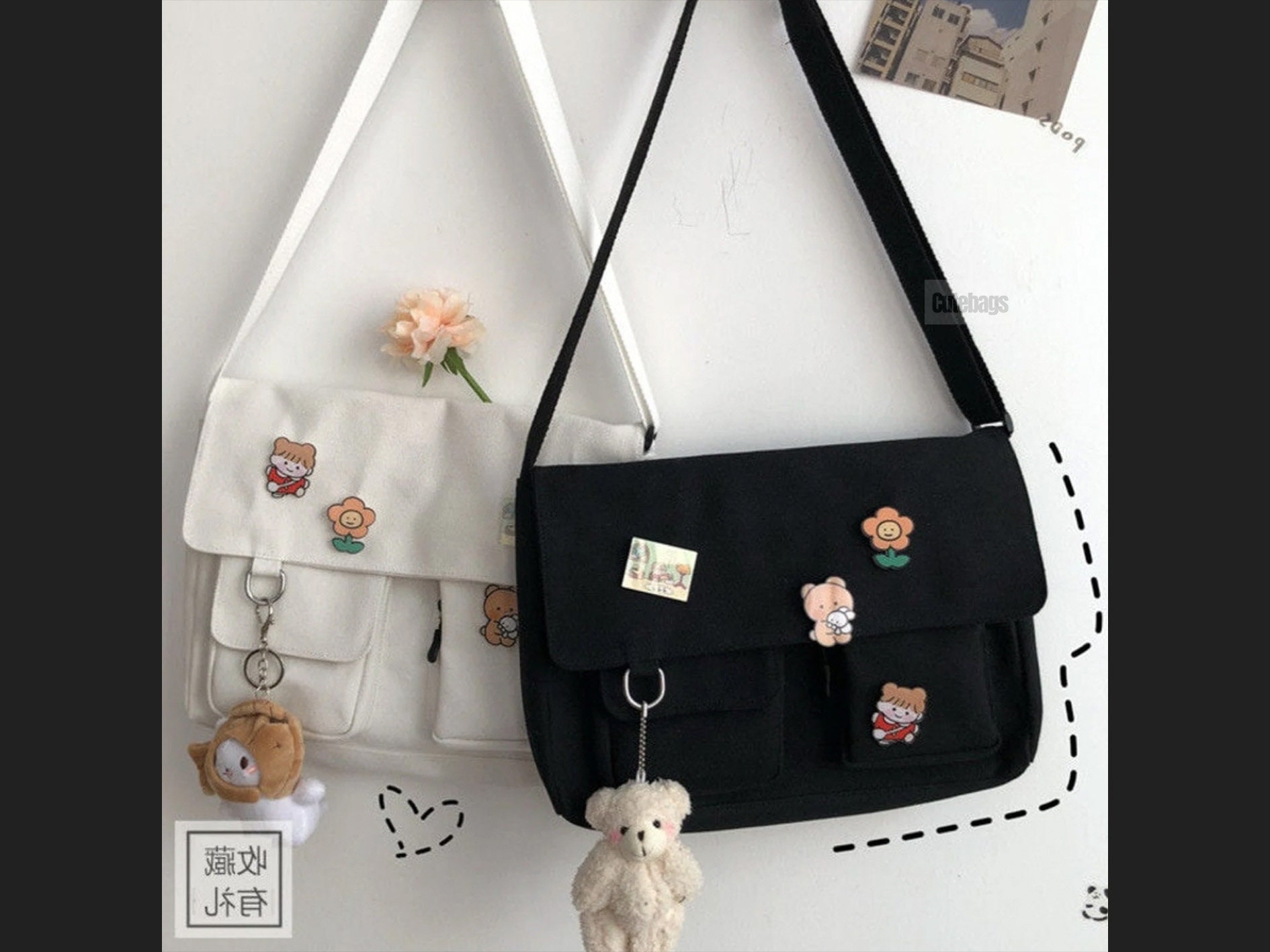 Danceemangoos Kawaii Messenger Bag for Women Cute Crossbody Bag with Kawaii Accessories School Shoulder Bags Aesthetic Tote Bag, Size: Large, Beige