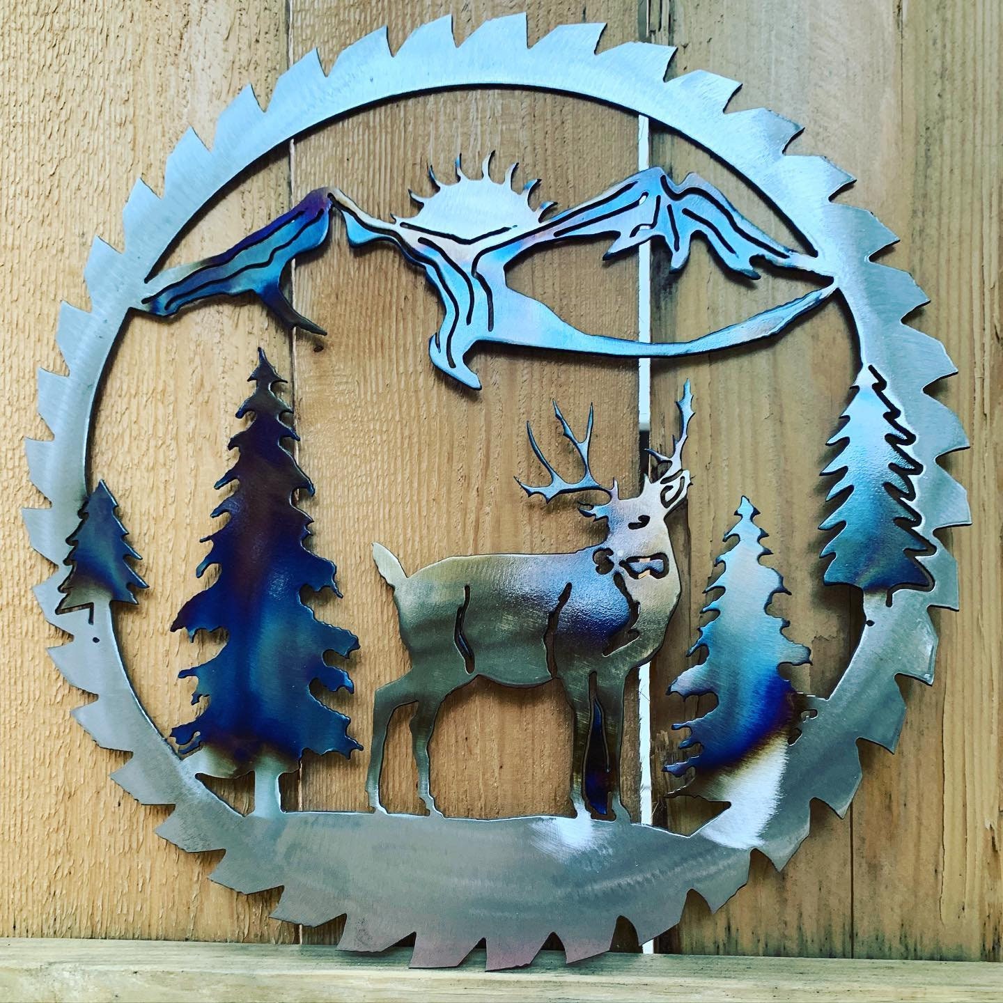 Painted Saw Blade Deer in Forest Scene Hand Painted Metal Saw Blade Signed by the Artist-Deer Hunter Gift-Cabin Decor-Man Cave Art
