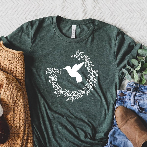 HUMMINGBIRD and WREATH in Shirt, Bird shirt, Flower shirt, Monogram, Leaves shirt, silhouette shirt, graphic shirt