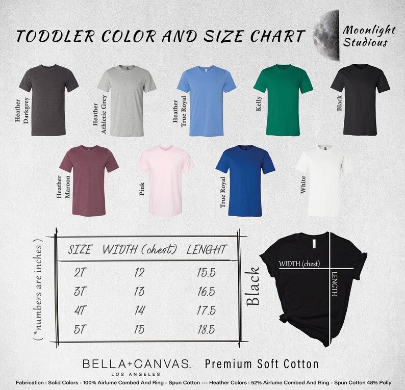 The image is a color and size chart for toddler shirts, featuring various t-shirt designs in different colors and sizes.