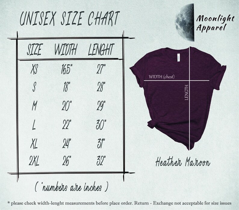 The image is a size chart for a purple t-shirt, with measurements and corresponding sizes listed.