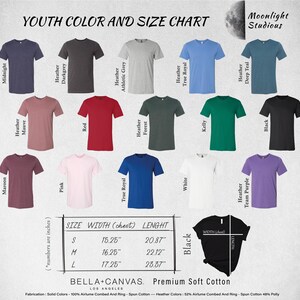 The image is a youth color and size chart from Moonlight Studios, featuring a variety of t-shirt designs in different colors and sizes.