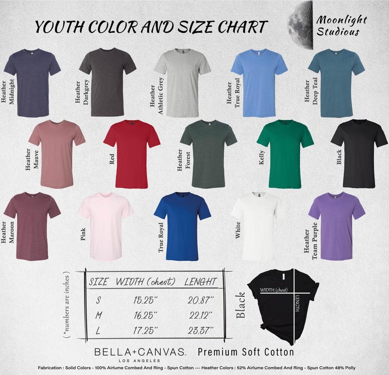 The image is a youth color and size chart from Moonlight Studios, featuring a variety of t-shirt designs in different colors and sizes.