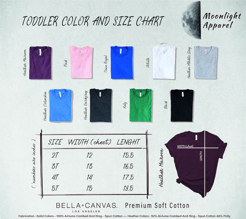 Puede incluir: Tabla de tallas para camisetas de algod&oacute;n suave de primera calidad Bella + Canvas para ni&ntilde;os peque&ntilde;os. La tabla muestra el ancho y la longitud de las camisetas en pulgadas para las tallas 2T, 3T, 4T y 5T. La tabla tambi&eacute;n muestra los diferentes colores disponibles para las camisetas, incluyendo marr&oacute;n jaspeado, columbia jaspeado, gris oscuro jaspeado, rosa, azul real, blanco, negro y gris atl&eacute;tico jaspeado.