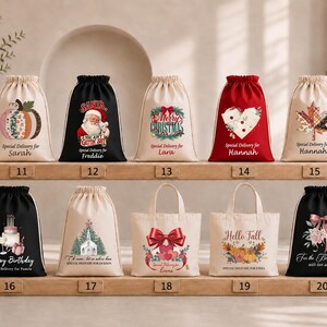 A collection of Christmas-themed bags and baskets displayed on a shelf, with each bag featuring a unique design and text.