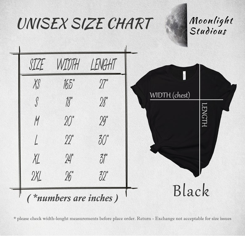 K&ouml;nnte beinhalten: Unisex-Gr&ouml;&szlig;entabelle f&uuml;r ein schwarzes T-Shirt mit Ma&szlig;en in Zoll f&uuml;r Breite und L&auml;nge. Die Gr&ouml;&szlig;en umfassen XS, S, M, L, XL und 2XL. Der Text "Moonlight Studious" befindet sich in der oberen rechten Ecke des Bildes.
