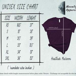 The image is a size chart for a purple t-shirt, with measurements and corresponding sizes listed.