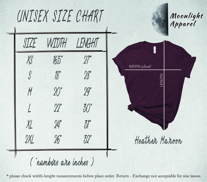 The image is a size chart for a purple t-shirt, with measurements and corresponding sizes listed.