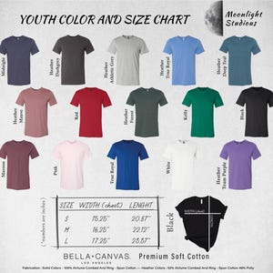The image is a youth color and size chart from Moonlight Studios, featuring a variety of t-shirt designs in different colors and sizes.