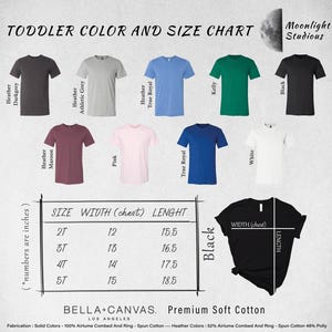 The image is a color and size chart for toddler shirts, featuring various t-shirt designs in different colors and sizes.