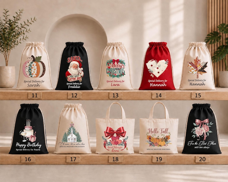 A collection of Christmas-themed bags and baskets displayed on a shelf, with each bag featuring a unique design and text.