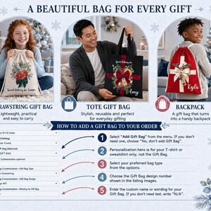 The image is a promotional advertisement for a customizable gift bag service. It features three different gift bag designs, each with a corresponding description and a list of options for the customer to choose from. The goal is to provide a beautiful gift bag for every occasion, from everyday gifts to holiday celebrations.
