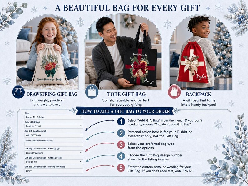 The image is a promotional advertisement for a customizable gift bag service. It features three different gift bag designs, each with a corresponding description and a list of options for the customer to choose from. The goal is to provide a beautiful gift bag for every occasion, from everyday gifts to holiday celebrations.