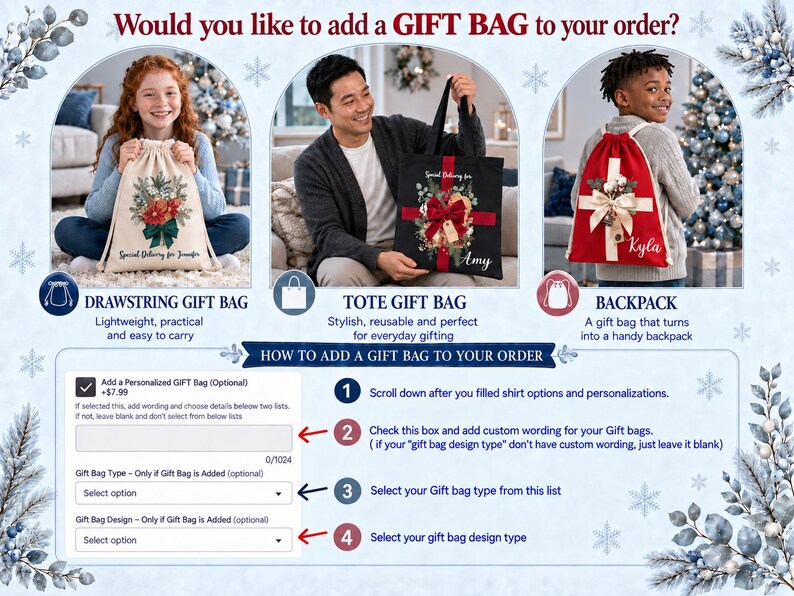 The image is a promotional graphic for a gift bag service, featuring three different gift bag designs and instructions on how to add a gift bag to an order.