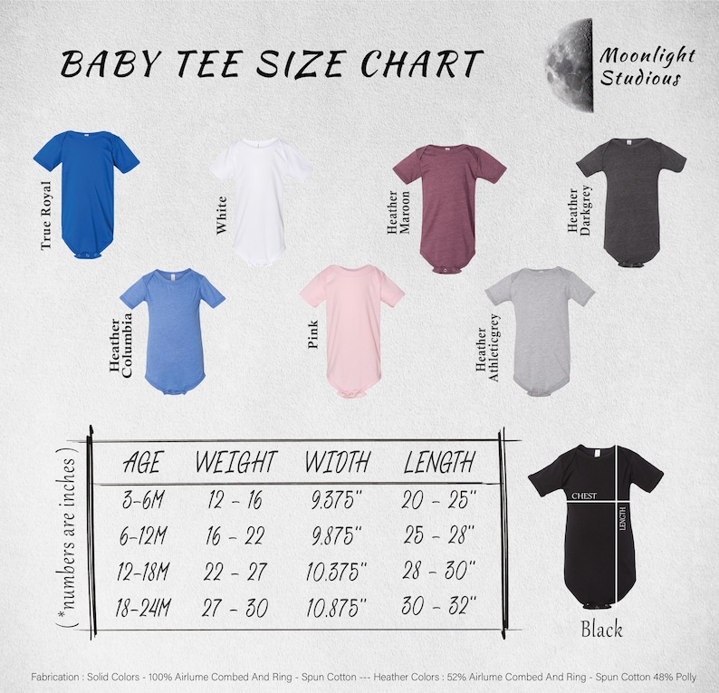 The image is a baby t-shirt size chart that provides the measurements and corresponding colors for different age groups.