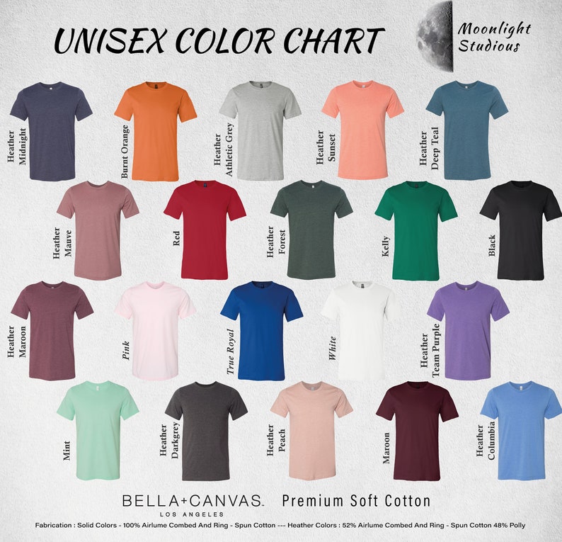 K&ouml;nnte beinhalten: Unisex-Farbkarte f&uuml;r T-Shirts mit einer Vielzahl von Farben, darunter Heather Midnight, Burnt Orange, Heather Athletic Grey, Heather Sunset, Heather Deep Teal, Heather Mauve, Rot, Heather Forest, Kelly, Schwarz, Heather Maroon, Pink, True Royal, Wei&szlig;, Heather Team Purple, Mint, Heather Dark Grey, Heather Peach, Maroon, Heather Columbia. Bella + Canvas. Premium Soft Cotton. Los Angeles. Verarbeitung: Einfarbige Farben - 100 % Airlume gek&auml;mmt und Ring - Spinnbaumwolle ---- Melangefarben: 52 % Airlume gek&auml;mmt und Ring - Spinnbaumwolle 48 % Polly