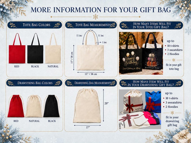The image is a collage of six images depicting various types of gift bags, including tote bags, drawstring bags, and sweatshirts. The images provide information about the bag colors, measurements, and how many items can fit in each bag.