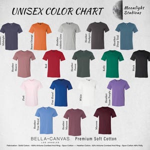 The image is a color chart featuring a variety of t-shirt designs in different colors, including navy blue, orange, gray, and more.