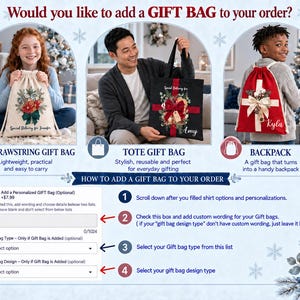 The image is a promotional graphic for a gift bag service, featuring three different gift bag designs and instructions on how to add a gift bag to an order.
