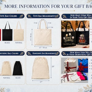 The image is a collage of six images depicting various types of gift bags, including tote bags, drawstring bags, and sweatshirts. The images provide information about the bag colors, measurements, and how many items can fit in each bag.