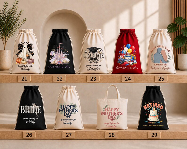 A collection of white drawstring bags with various designs and text printed on them, displayed on a shelf.