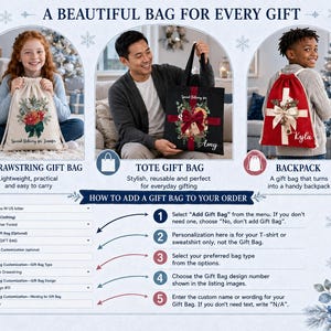 The image is a promotional advertisement for a customizable gift bag service. It features three different gift bag designs, each with a corresponding description and a list of options for the customer to choose from. The goal is to provide a beautiful gift bag for every occasion, from everyday gifts to holiday celebrations.