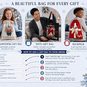 The image is a promotional advertisement for a customizable gift bag service. It features three different gift bag designs, each with a corresponding description and a list of options for the customer to choose from. The goal is to provide a beautiful gift bag for every occasion, from everyday gifts to holiday celebrations.