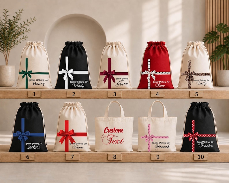 A collection of white drawstring bags with various designs and text, displayed on a shelf.