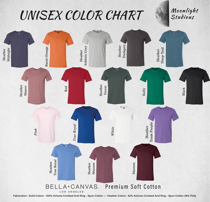 The image is a color chart featuring a variety of t-shirt designs in different colors, including navy blue, orange, gray, and more.