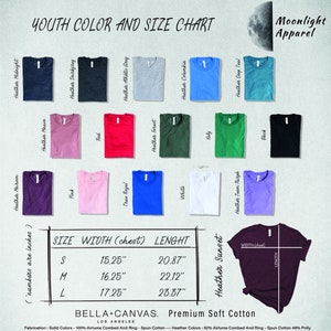 Puede incluir: Tabla de tallas y colores para camisetas de Bella + Canvas. La tabla muestra diferentes colores y tallas de camisetas, con medidas en pulgadas. La tabla incluye colores s&oacute;lidos y colores jaspeado.