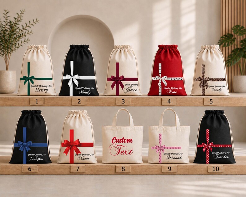 A collection of white drawstring bags with various designs and text, displayed on a shelf.