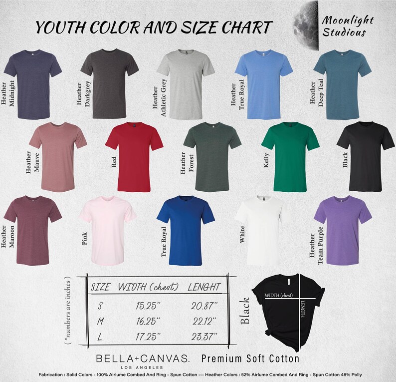 The image is a youth color and size chart from Moonlight Studios, featuring a variety of t-shirt designs in different colors and sizes.