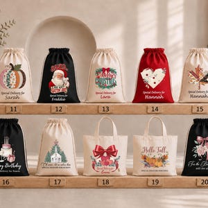 A collection of Christmas-themed bags and baskets displayed on a shelf, with each bag featuring a unique design and text.