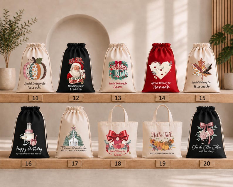 A collection of Christmas-themed bags and baskets displayed on a shelf, with each bag featuring a unique design and text.