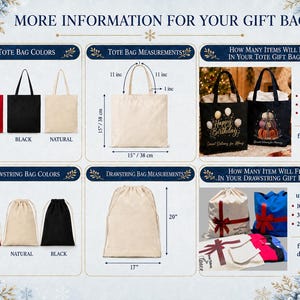 The image is a collage of six images depicting various types of gift bags, including tote bags, drawstring bags, and sweatshirts. The images provide information about the bag colors, measurements, and how many items can fit in each bag.