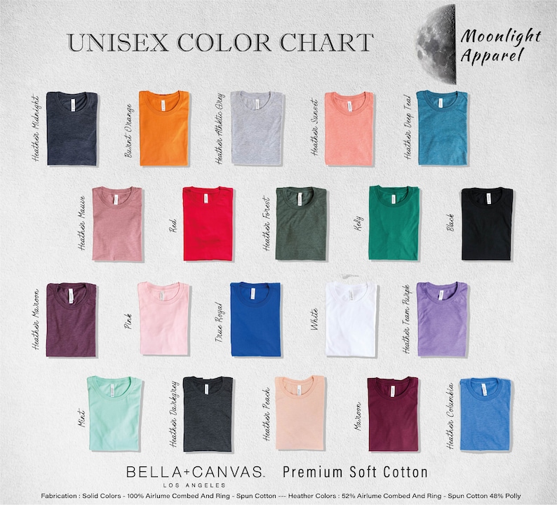 Puede incluir: Carta de colores unisex para camisetas con 18 colores diferentes, incluyendo Heather Midnight, Burnt Orange, Heather Athletic Grey, Heather Forest, Heather Mauve, Red, White, Heather Team Purple, Heather Maroon, Pink, Heather Darkgrey, Heather Peach, Mint, Heather Columbia, y m&aacute;s. La carta est&aacute; etiquetada como "Unisex Color Chart" y "Bella+Canvas. Premium Soft Cotton."