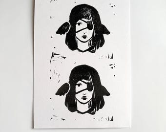 Cache-oeil Girl lino print 21 x 15 cm