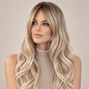 May include: A long, wavy wig featuring a rooted blonde color palette with darker brown roots transitioning into lighter platinum and ash blonde tones. The hair is styled with a center part and long, face-framing curtain bangs that cascade down.