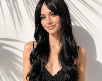 Black Wavy Wig with Curtain Bangs, Heat Resistant Synthetic | Little Wig Museum