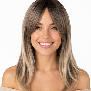 Ombre Ashy Blonde Wig With Curtain Bangs and Layer Cut Heat Resistant Synthetic