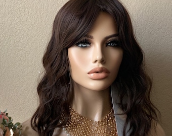 14&#39;&#39; dark brown bob wig with bang synthetic   | Little Wig Museum hairloss, alopeica chemo wig, cosplay Handmade wigs Glueless Wigs