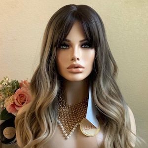 24 &#39;&#39; Ombre Balayage braune Kunstfaserperücke mit Knall | Kleines Perückenmuseum Alopeica Chemo Perücke, Cosplay Handgemachte Perücken Glueless Perücken