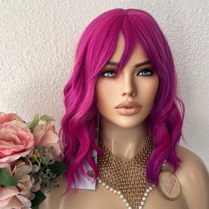 12&#39;&#39; pink and purple synthetic wig with bang | Little Wig Museum short wig  pink wig party wig fun wig Glueless Wigs cosplay wig