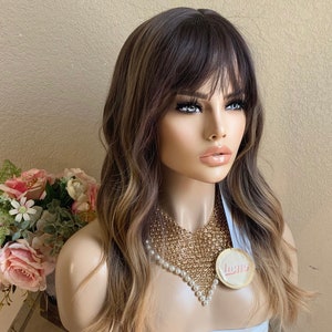 22&#39;&#39; caramel balayage brown synthetic wig with bang  | Little Wig Museum,luxury wig,hairloss, alopeica chemo wig Glueless Wigs