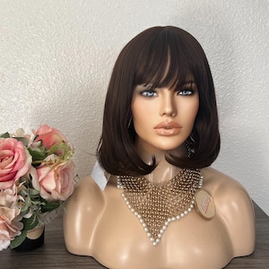 14&#39;&#39; Chocolate Brown Synthetic Wig with Bang| Little Wig Museum, hairloss, alopeica chemo wig, Handmade wigs Glueless Wigs
