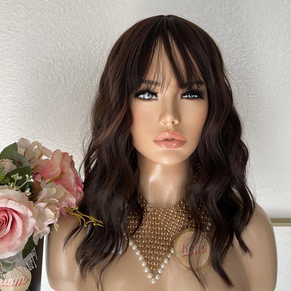 Dark Brown Wavy Wig with Bangs Heat Resistant Synthetic