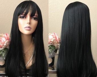 22'' Black straight wig with bang  | Little Wig Museum alopeica cancer chemo wig cosplay party Handmade wigs Glueless Wigsgift for mom